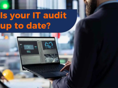 IT audit reminder graphic with laptop and server background.